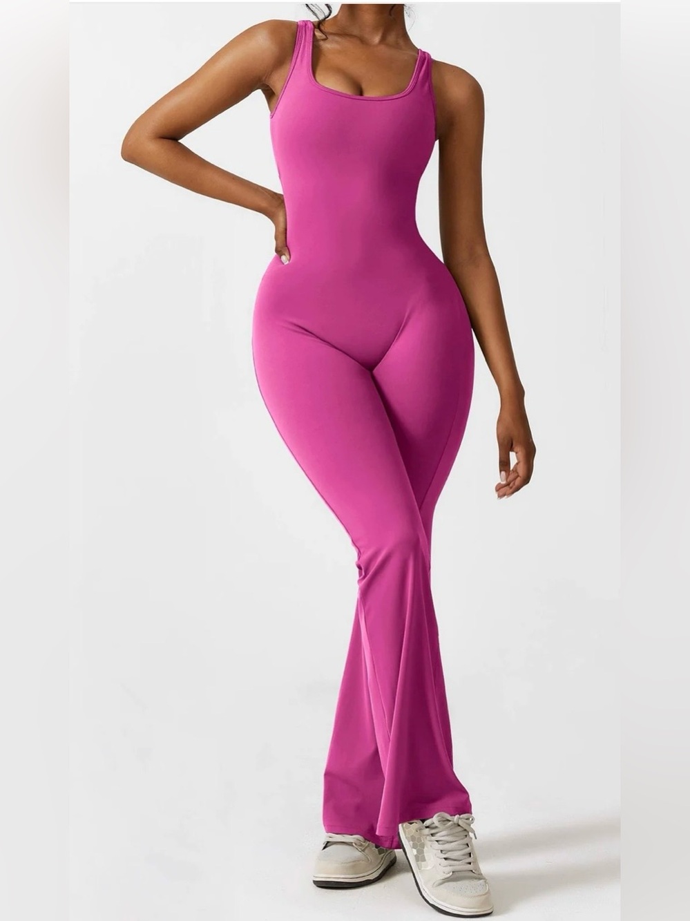 Women’s Flared Leg Open Back Bodycon Jumpsuit Hot Pink 2XL